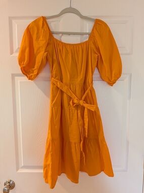 Bright Orange Midi Dress with Puff Sleeves and Waist Tie